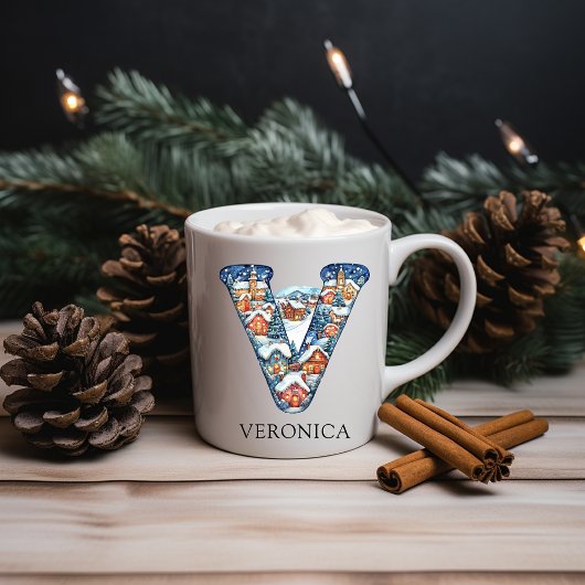 Personalized Christmas Winter Village Monogram V Kaffeetasse