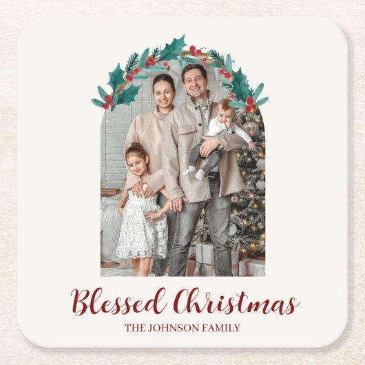 Personalized Christmas Wreath Photo Paper Coaster Rechteckiger Pappuntersetzer (Vorderseite)