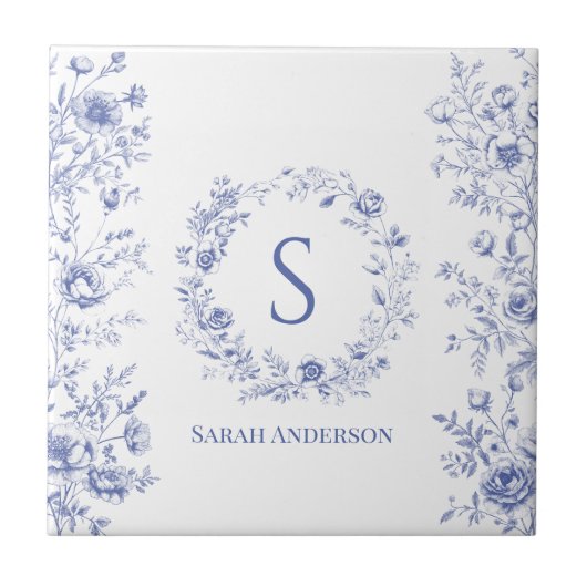 Personalized Classic Blue Flowers Floral Pattern Fliese (Vorderseite)