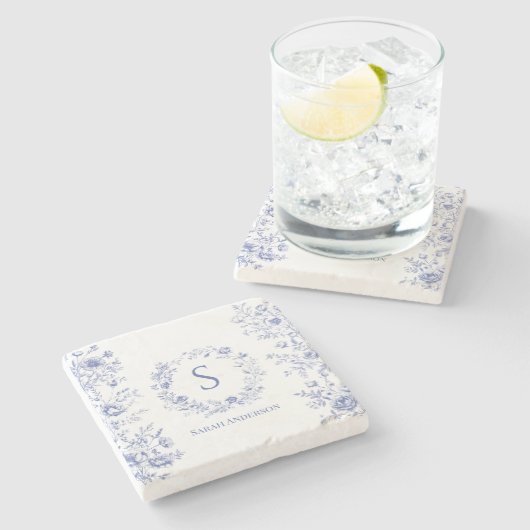 Personalized Classic Blue Flowers Floral Pattern Steinuntersetzer (Seitenansicht)