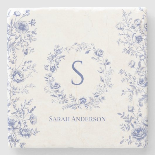 Personalized Classic Blue Flowers Floral Pattern Steinuntersetzer (Vorderseite)