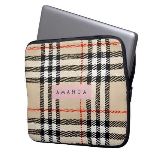 Personalized Classic Tan, Black & Red Plaid Laptopschutzhülle (Vorderseite Links)