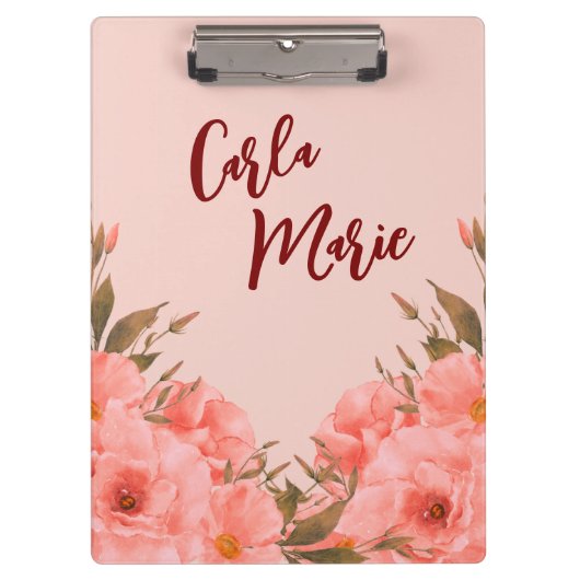 Personalized Clipboard | Pink Floral Design Klemmbrett (Vorderseite)