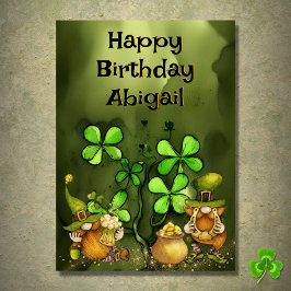 Personalized Clovers n Leprechaun Gnomes Birthday Karte