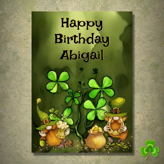 Personalized Clovers n Leprechaun Gnomes Birthday Karte
