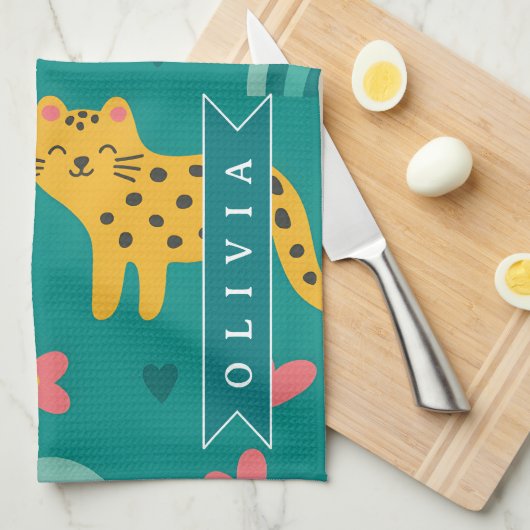 Personalized Colorful Fun Leopard Jungle Name Gift Geschirrtuch (Viertel Falte)