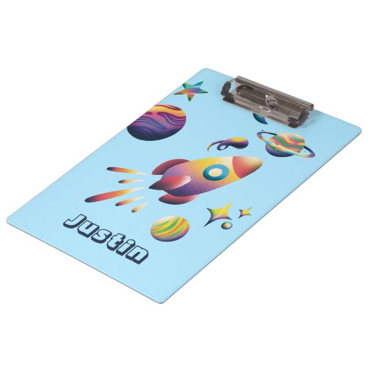 Personalized Colorful Space Planets Back to School Klemmbrett (Schrägansicht)