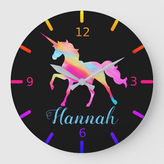 Personalized Colorful Unicorn Große Wanduhr (Vorderseite)