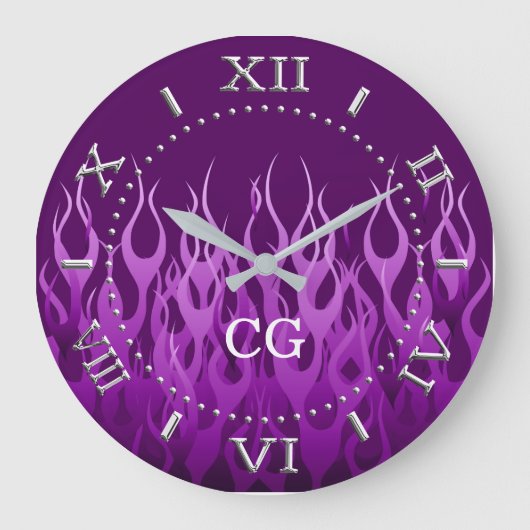 Personalized Cool Purple Racing Flames Dial on a Große Wanduhr (Vorderseite)