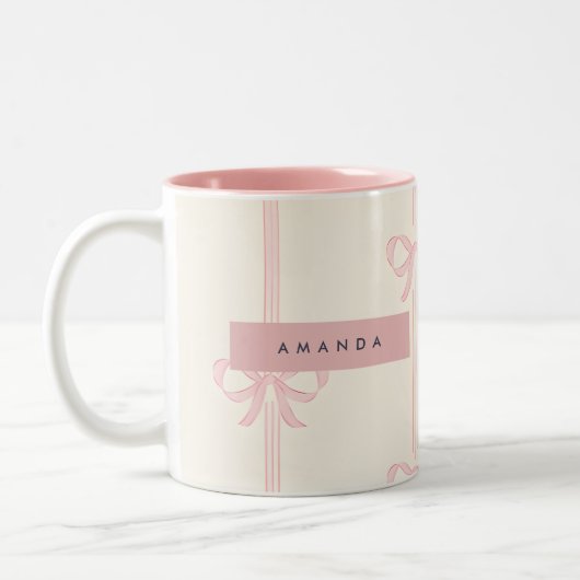 Personalized Coquette Blush Pink Bow Ribbon  Zweifarbige Tasse (Links)