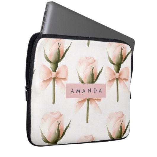 Personalized Coquette Pattern Blush Rose & Bow Laptopschutzhülle (Vorne Rechts)