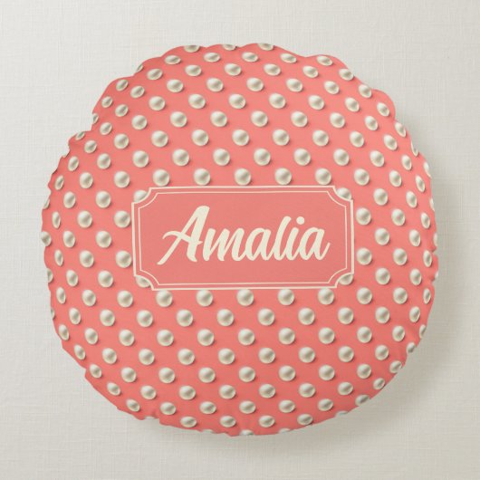 Personalized Coral Polka Dot Throw Pillow  Rundes Kissen (Vorderseite)