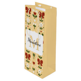 Personalized Cottagecore Floral Bow Yellow Red Geschenktüte Für Weinflaschen
