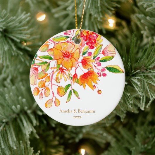 Personalized Couple Names Floral Orange Christmas Keramik Ornament (Baum)