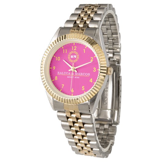 Personalized couple names monogram pink and yellow armbanduhr (Schrägansicht)