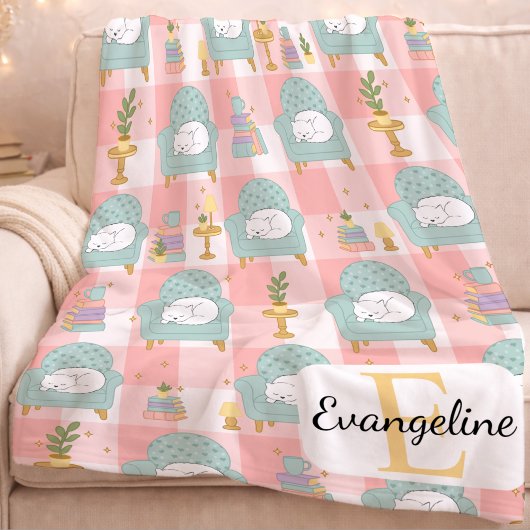 Personalized Cozy Aesthetic Cat Pattern Girl Pink Fleecedecke