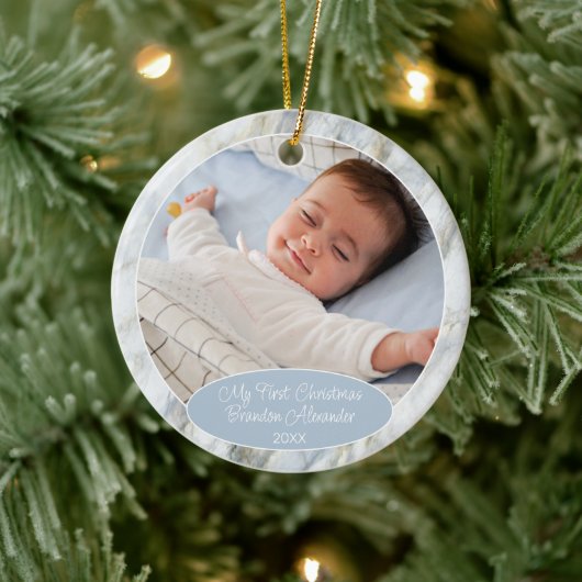 Personalized Custom Photo Pastel Blue Marble 2026 Keramik Ornament (Baum)