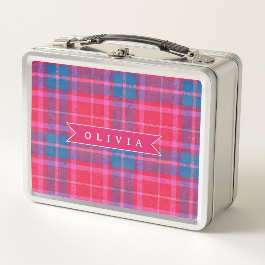 Personalized Custom Pink Fuchsia Plaid Preppy Metall Brotdose (Vorderseite)