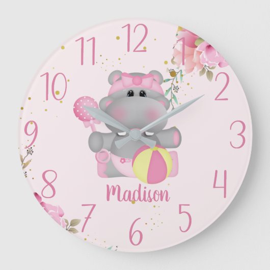 Personalized Cute Baby Hippo Floral Large Clock Große Wanduhr (Vorderseite)