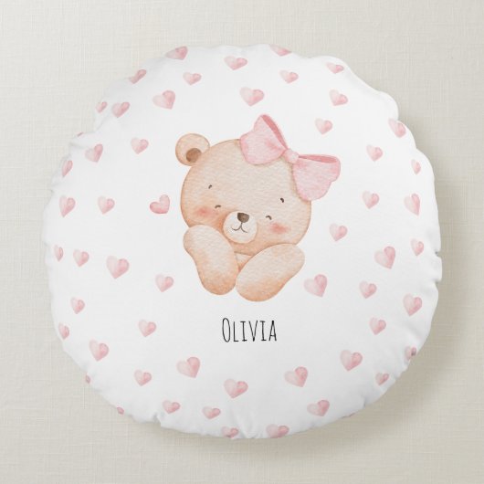 Personalized Cute Bear with pink Hearts  Rundes Kissen (Vorderseite)