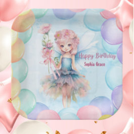 Personalized Cute Blue Fairy Birthday Paper Plates Pappteller