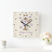 Personalized Cute Cat, Flowers and Paw Prints Quadratische Wanduhr (Zuhause)