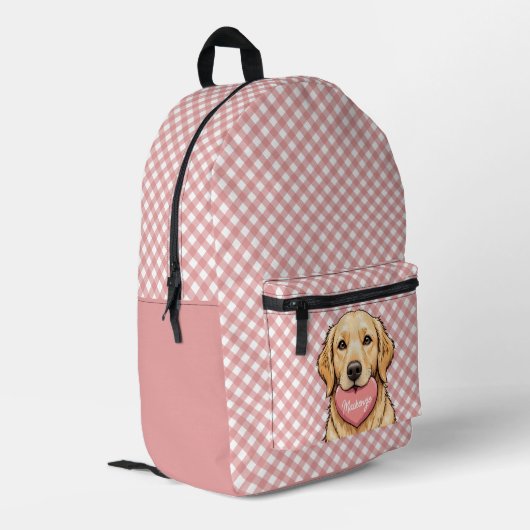 Personalized Cute Dog with Heart Plaid Pattern Bedruckter Rucksack (Rückseitige Ecke links)