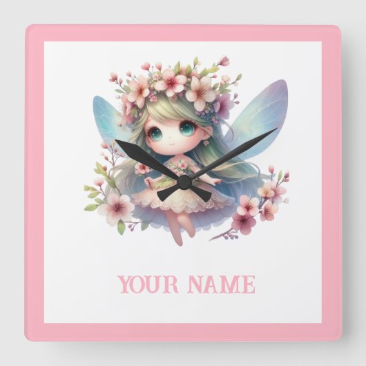 Personalized cute Fairy & Floral Wreath Quadratische Wanduhr (Vorderseite)