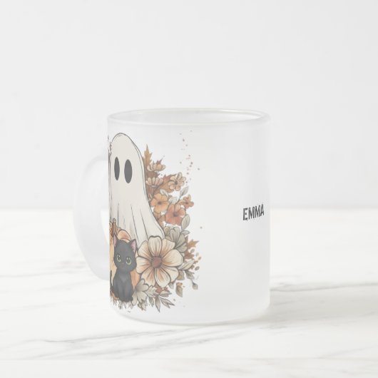 Personalized Cute Ghost and Black Cat Autumn Mug Mattglastasse (Vorderseite Links)