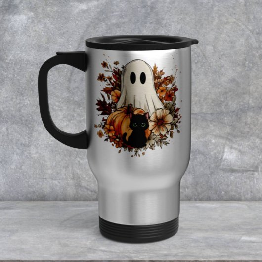 Personalized Cute Ghost and Black Cat Autumn Mug Reisebecher
