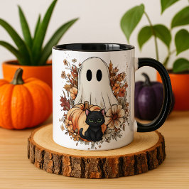 Personalized Cute Ghost and Black Cat Autumn Mug Tasse