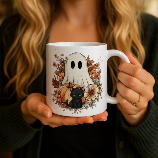 Personalized Cute Ghost and Black Cat Autumn Mug Verwandlungstasse