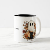 Personalized Cute Ghost and Black Cat Autumn Mug Zweifarbige Tasse (VorderseiteRechts)