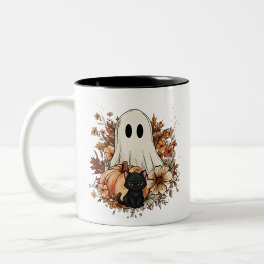 Personalized Cute Ghost and Black Cat Autumn Mug Zweifarbige Tasse (Links)