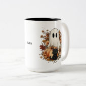Personalized Cute Ghost and Black Cat Autumn Mug Zweifarbige Tasse (VorderseiteRechts)