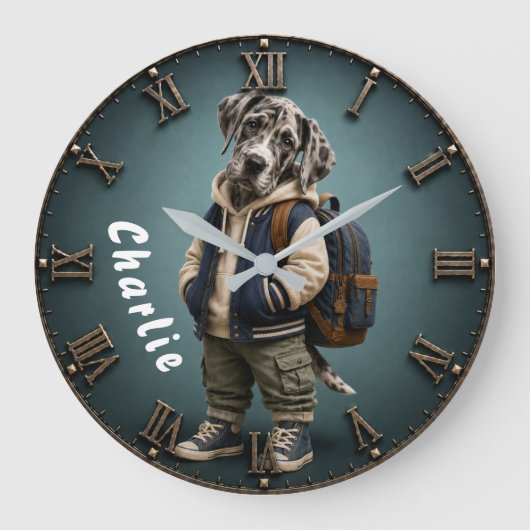 Personalized Cute Great Dane Puppy Backpack Große Wanduhr (Vorderseite)