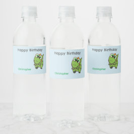 Personalized cute green dinosaurs blue birthday wasserflaschenetikett