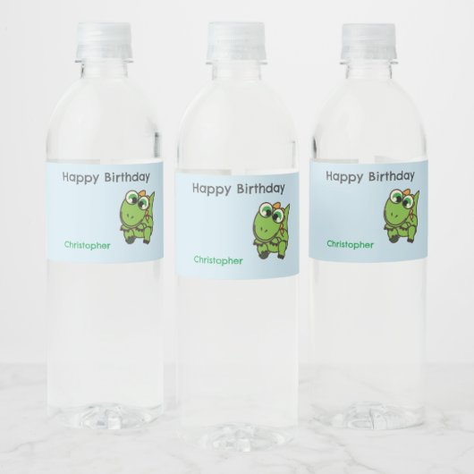 Personalized cute green dinosaurs blue birthday wasserflaschenetikett (Flaschen)