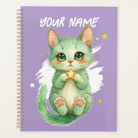 Personalized Cute Green Kitty Cat Planner Planer (Vorderseite)