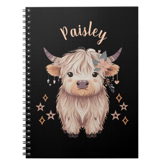 Personalized Cute Highland Cow Notebook Black Notizblock (Vorderseite)