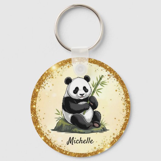 Personalized Cute Panda Bear Greenery Bamboo Gold Schlüsselanhänger (Vorderseite)