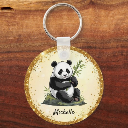 Personalized Cute Panda Bear Greenery Bamboo Gold  Schlüsselanhänger (Rückseite)