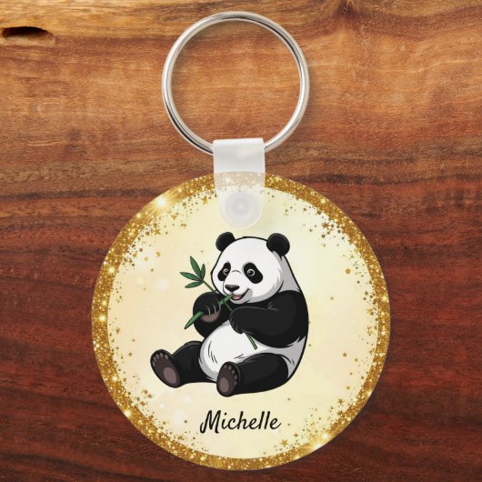 Personalized Cute Panda Bear Greenery Bamboo Gold Schlüsselanhänger (Rückseite)