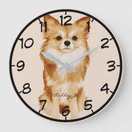 Personalized Cute Papillon Dog Watercolor Große Wanduhr