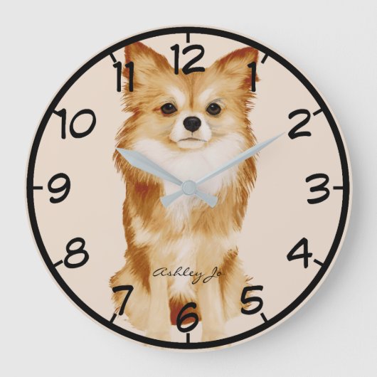 Personalized Cute Papillon Dog Watercolor Große Wanduhr (Vorderseite)