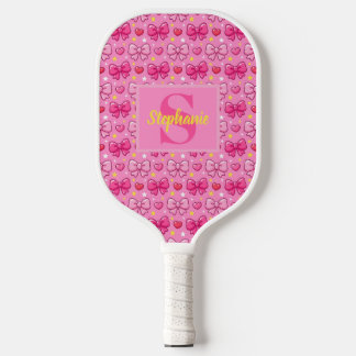 Personalized Cute Pink Bows and Hearts Monogram Pickleball Schläger