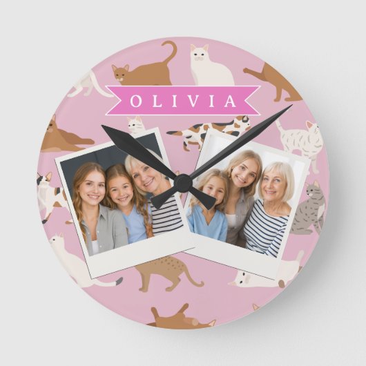 Personalized Cute Pink Cat Pattern Gift Cat Lover Runde Wanduhr (Vorderseite)