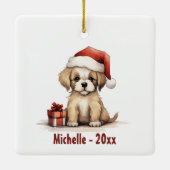 Personalized Cute Puppy with Santa Hat Christmas Keramikornament (Rückseite)