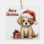 Personalized Cute Puppy with Santa Hat Christmas Keramikornament (Vorderseite)