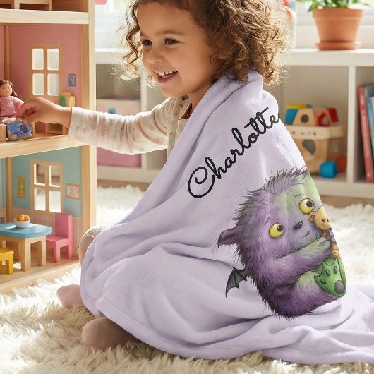 Personalized Cute Purple Green Fluffy Monster Kids Fleecedecke